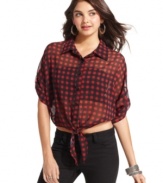 Fresh Brewed feminizes a lumberjack plaid top with sheer chiffon and cropped, tie-front design!