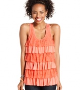 Get all ruffled-up! Designed in alternating tiers of lace, this top from Say What? is a super-girly alternative to the basic summer tank!