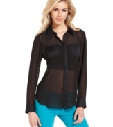 The sheer chiffon blouse is a go-to topper over the season's colored & print skinny jeans! Get the look with this GUESS style!