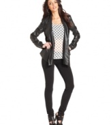 A hot layering piece, this GUESS faux-leather jacket features feminine draped details to contrast the urban edge!