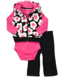 Prints add pizazz. She'll be a style standout in either of these comfy bodysuit, vest and pant sets from Carter's.