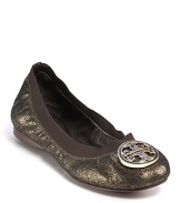Crackled metallic leather adds new depth and luster to Tory Burch's classic flats.