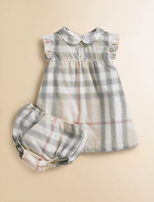 Dress your little girl in elegant, subdued checks with an Empire waist, ruffle trim and matching bloomers.Peter Pan collar Decorative front buttons Sleeveless with ruffle trim Back button closure Bloomers have elastic waist and leg openings Cotton Machine wash Imported Please note: Number of buttons may vary depending on size ordered. Dress your little girl in elegant, subdued checks with an Empire waist, ruffle trim and matching bloomers.Peter Pan collar Decorative front buttons Sleeveless with ruffle trim Back button closure Bloomers have elastic waist and leg openings Cotton Machine wash Imported Please note: Number of buttons may vary depending on size ordered.