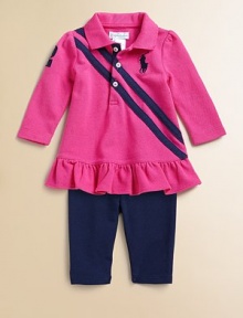 A classic mesh polo embellished with signature striping and big pony embroidery is a perfectly coordinated with essential stretch leggings for an authentic look.Ribbed polo collarLong puffed sleevesButton downPony embroidery and 2 appliquéRuffled hemElastic waistbandTop: cottonLeggings: 93% cotton/7% elastaneMachine washImported Please note: Number of buttons/snaps may vary depending on size ordered A classic mesh polo embellished with signature striping and big pony embroidery is a perfectly coordinated with essential stretch leggings for an authentic look.Ribbed polo collarLong puffed sleevesButton downPony embroidery and 2 appliquéRuffled hemElastic waistbandTop: cottonLeggings: 93% cotton/7% elastaneMachine washImported Please note: Number of buttons/snaps may vary depending on size ordered