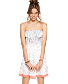 Jolt plays the ultimate print mixologist, pairing a striped bodice with a polkadot-print skirt on this super-cute day dress! Jolt plays the ultimate print mixologist, pairing a striped bodice with a polkadot-print skirt on this super-cute day dress!