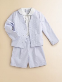 An adorable preppy seersucker set includes a crisp button-down shirt