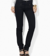 Lauren Jeans Co.'s modernized straight-leg jean channels a chic moto influence in sleek stretch denim with zip pockets at the hips.