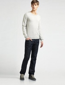 Braided check detail along the shoulders lends a signature touch to a plated cotton sweater. Crewneck Ribbed trim Cotton Dry clean Imported 