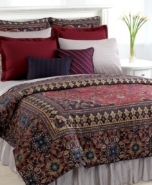 Boasting rows of burgundy stripes on a navy background, this Lauren by Ralph Lauren sham adds an air of distinction to your Poet's Society bed. Also features 100% wool with a 1 1/2 tailored flange; side back button closure with signature Lauren Ralph Lauren navy buttons. Boasting rows of burgundy stripes on a navy background, this Lauren by Ralph Lauren sham adds an air of distinction to your Poet's Society bed. Also features 100% wool with a 1 1/2 tailored flange; side back button closure with signature Lauren Ralph Lauren navy buttons.