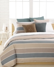 Give your bed a preppy makeover with this Lacoste Riquet comforter set. A landscape of laid-back hues in over-sized stripes add natural dimension for a clean-cut look. Give your bed a preppy makeover with this Lacoste Riquet comforter set. A landscape of laid-back hues in over-sized stripes add natural dimension for a clean-cut look.
