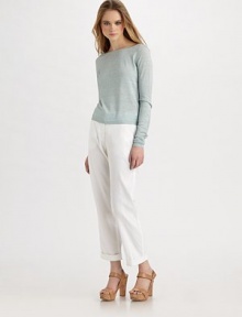 A lightweight, cuffed linen style with warm days in mind.Button closure Zip fly Slash pockets Button-tab waist detail Back pockets Inseam, about 28 Rise, about 6 62% linen/36% viscose/2% elastane Dry clean Made in USA