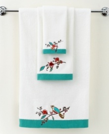 Featuring the blossoming branches and water-colored birds of the whimsical dinnerware pattern, the Chirp embroidered fingertip towel from Lenox Simply Fine brings the beauty of the outdoors right inside your bath. Featuring pure cotton embellished with embroidery detail and bold teal border.