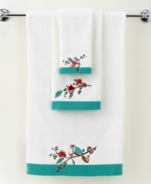 Featuring the blossoming branches and water-colored birds of the whimsical dinnerware pattern, the Chirp embroidered fingertip towel from Lenox Simply Fine brings the beauty of the outdoors right inside your bath. Featuring pure cotton embellished with embroidery detail and bold teal border. Featuring the blossoming branches and water-colored birds of the whimsical dinnerware pattern, the Chirp embroidered fingertip towel from Lenox Simply Fine brings the beauty of the outdoors right inside your bath. Featuring pure cotton embellished with embroidery detail and bold teal border.