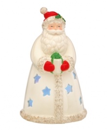He has that cheery Christmastime glow. Stars in Santa's coat reveal a light from within this beautiful porcelain figurine from Lenox. With festive red, green and gold glitter detail. Qualifies for Rebate He has that cheery Christmastime glow. Stars in Santa's coat reveal a light from within this beautiful porcelain figurine from Lenox. With festive red, green and gold glitter detail. Qualifies for Rebate