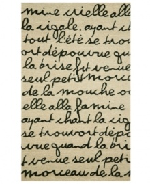 Pure poetry! Sweet nothings scripted in breathless cursive adorn this chic, romantic rug from Liora Manne's indoor/outdoor Spello collection. Hand-hooking and hand-tufting techniques are combined to achieve the rich, textural surface. UV stabilized to minimize fading, the fashion-forward, durable rug is sure to please. Hose off for easy cleaning. Pure poetry! Sweet nothings scripted in breathless cursive adorn this chic, romantic rug from Liora Manne's indoor/outdoor Spello collection. Hand-hooking and hand-tufting techniques are combined to achieve the rich, textural surface. UV stabilized to minimize fading, the fashion-forward, durable rug is sure to please. Hose off for easy cleaning.
