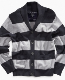 Ivy League styling on a machine-washable sweater for your littlest man of letters. Shawl-collared, button-front cardigan from GUESS.