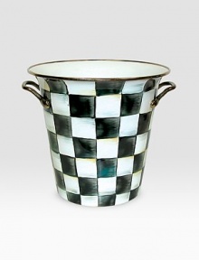 Hand-painted checks with subtle hints of jewel-tone color in a traditional shape that adds a gracious touch to entertaining. Hand-painted checks on enameled steel Antiqued brass handles and rim 8H X 8½ diam. Hand washing recommended Imported 