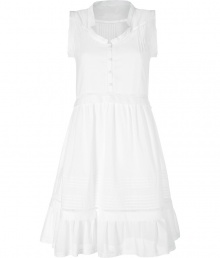 Channel Old World femininity in this lace-detailed day dress thats perfect for parties or off-duty casual - Sweetheart neck, short sleeves, front button half-placket, stitching details, nipped-in waist, full skirt with ruffled hem - Wear with a cropped cardigan, peep-toe platforms, and a metallic clutch Channel Old World femininity in this lace-detailed day dress thats perfect for parties or off-duty casual - Sweetheart neck, short sleeves, front button half-placket, stitching details, nipped-in waist, full skirt with ruffled hem - Wear with a cropped cardigan, peep-toe platforms, and a metallic clutch