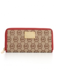 MICHAEL Michael Kors' classic monogram continental gets a fun energy with vibrant contrast leather trim in a variety of hot hues, while the 18K gold logo plaque adds luxe appeal. MICHAEL Michael Kors' classic monogram continental gets a fun energy with vibrant contrast leather trim in a variety of hot hues, while the 18K gold logo plaque adds luxe appeal.