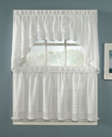 Sweet & simple. An intricate crochet band and double-hem stitch along the bottom accents each delicate café curtain with classic charm and a hand-crafted look. Rod-pocket design for easy hanging. Sweet & simple. An intricate crochet band and double-hem stitch along the bottom accents each delicate café curtain with classic charm and a hand-crafted look. Rod-pocket design for easy hanging.