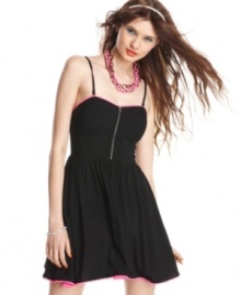 Material Girl pumps edge into the little black dress via hot pink trims and a bustier-style top! Style the frock with color fun accessories that electrify your day look! Material Girl pumps edge into the little black dress via hot pink trims and a bustier-style top! Style the frock with color fun accessories that electrify your day look!