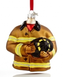 A fitting gift for the firefighter in your life, this glass ornament from Midwest depicts the everyday heroes' jacket and helmet. A fitting gift for the firefighter in your life, this glass ornament from Midwest depicts the everyday heroes' jacket and helmet.