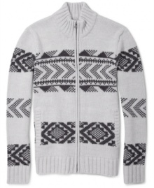 Stylish fair isle print and a snazzy mock neck give this American Rag cardigan its classy style. Stylish fair isle print and a snazzy mock neck give this American Rag cardigan its classy style.