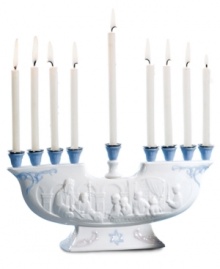 Make the festival of lights even more beautiful with an exquisite Lladro menorah. Handcrafted with embossed detail and delicate blue accents in white porcelain, it's a treasure to behold every holiday season. Make the festival of lights even more beautiful with an exquisite Lladro menorah. Handcrafted with embossed detail and delicate blue accents in white porcelain, it's a treasure to behold every holiday season.