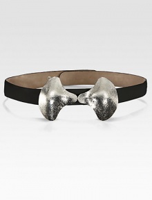 Hammered metal details create a bow silhouette on this sleek leather design.About 1¼ wideLeatherMade in Italy of imported fabric Hammered metal details create a bow silhouette on this sleek leather design.About 1¼ wideLeatherMade in Italy of imported fabric