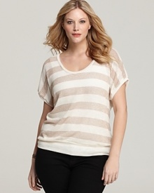 Creme and toffee team up to deliver a tantalizing combination atop this striped Splendid Plus tunic. Style with white jeans for easy glamour. Creme and toffee team up to deliver a tantalizing combination atop this striped Splendid Plus tunic. Style with white jeans for easy glamour.
