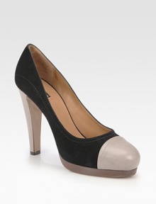 This elegant suede and leather pump proves opposites attract with contrast stitching and a timeless cap toe. Leather-covered heel, 4¾ (120mm)Stacked platform, 1 (25mm)Compares to a 3¾ heel (95mm)Suede upper with leather cap toeLeather liningLeather and rubber solePadded insoleMade in ItalyThis style runs true to size. We recommend ordering your usual size for a standard fit. This elegant suede and leather pump proves opposites attract with contrast stitching and a timeless cap toe. Leather-covered heel, 4¾ (120mm)Stacked platform, 1 (25mm)Compares to a 3¾ heel (95mm)Suede upper with leather cap toeLeather liningLeather and rubber solePadded insoleMade in ItalyThis style runs true to size. We recommend ordering your usual size for a standard fit.