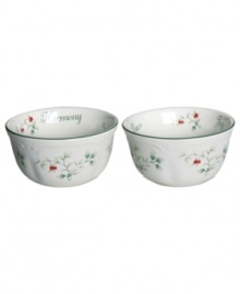 A festive companion to the holiday table, these sentimental Winterberry dessert bowls from Pfaltzgraff are adorned with a classic holly pattern, embossed detail and the words Harmony, Peace and Joy. A festive companion to the holiday table, these sentimental Winterberry dessert bowls from Pfaltzgraff are adorned with a classic holly pattern, embossed detail and the words Harmony, Peace and Joy.