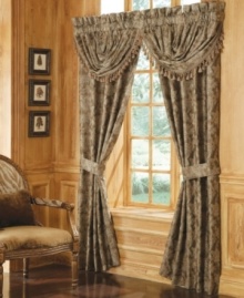 Introduce classic Italian-inspired design to any room with the Botticelli waterfall swag valance. Finished with a flourish of tassels and beading, this floral valance brings classic beauty to its surroundings. Introduce classic Italian-inspired design to any room with the Botticelli waterfall swag valance. Finished with a flourish of tassels and beading, this floral valance brings classic beauty to its surroundings.