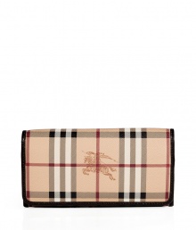 With its characteristic check and plentiful pockets, Burberry Londons continental wallet is an iconic way to keep your most valuable essentials organized - Haymarket check coated canvas, chocolate leather trim and lining, flap with snap closure, back slot pocket, multiple credit card slots inside, zippered coin purse - Carry alone for running quick errands, or stash away in a sophisticated leather tote