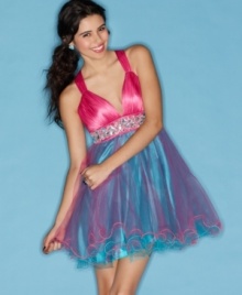 Get your party on in this empire waist dress from Sequin Hearts that features a band of rhinestones and a fun, multicolor skirt of tulle! Get your party on in this empire waist dress from Sequin Hearts that features a band of rhinestones and a fun, multicolor skirt of tulle!