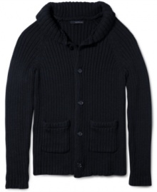 This shawl collar cardigan from Calvin Klein gives you preppy polish while keep your laid-back look. This shawl collar cardigan from Calvin Klein gives you preppy polish while keep your laid-back look.