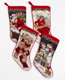 Embrace a beautiful tradition with needlepoint Christmas stockings. Stitched holiday motifs adorn the front from heel to toe, reversing to solid red velvet. Embrace a beautiful tradition with needlepoint Christmas stockings. Stitched holiday motifs adorn the front from heel to toe, reversing to solid red velvet.
