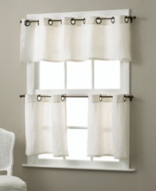Bold grommets bring a modern appeal to this classic kitchen valance and makes setup a snap with oversized holes. Complete the look with coordinating tiers. Bold grommets bring a modern appeal to this classic kitchen valance and makes setup a snap with oversized holes. Complete the look with coordinating tiers.