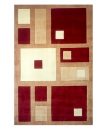 A striking cubistic design in burgundy, ivory and creme creates an abstract rug with modern style and refined elegance. A beige backdrop complements the geometric pattern with an absorbing color contrast, which completes the rug with a chic, contemporary finish. A striking cubistic design in burgundy, ivory and creme creates an abstract rug with modern style and refined elegance. A beige backdrop complements the geometric pattern with an absorbing color contrast, which completes the rug with a chic, contemporary finish.