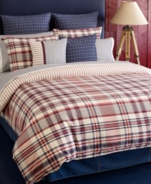 For an All-American look, dress your bed in this Tommy Hilfiger Vintage Plaid comforter set. A red, white & blue plaid landscape reverses to a contrasting, striped design for extra dimension. For an All-American look, dress your bed in this Tommy Hilfiger Vintage Plaid comforter set. A red, white & blue plaid landscape reverses to a contrasting, striped design for extra dimension.