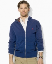 Crafted from lightweight fleece for easy on-the-go styling, a classic full-zip hoodie gets a bold update with a printed pattern inside the hood. Crafted from lightweight fleece for easy on-the-go styling, a classic full-zip hoodie gets a bold update with a printed pattern inside the hood.
