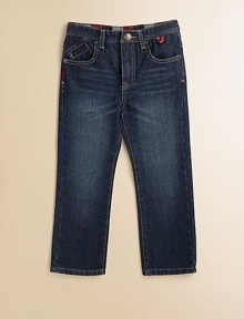 A classic pair of jeans for your little man with all the traditional touches.Front snap closureAdjustable waistband with belt loopsZip flyFive-pocket style80% cotton/20% polyesterMachine washImported A classic pair of jeans for your little man with all the traditional touches.Front snap closureAdjustable waistband with belt loopsZip flyFive-pocket style80% cotton/20% polyesterMachine washImported