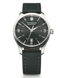 Keep things simple with the clean styling of this Alliance watch by Victorinox Swiss Army. Black leather strap and round stainless steel case with anti-reflective triple-coated sapphire crystal. Black sunray dial features applied silver tone numerals at three, six and nine o'clock, stick indices, military time, date window at three o'clock, three hands and logo. Swiss quartz movement. Water resistant to 100 meters. Three-year limited warranty.