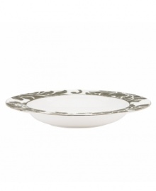 Mixing modern porcelain with antiqued blooms, the Lenox Silver Applique rim soup bowl has a fresh, romantic style all its own. With platinum banding. Qualifies for Rebate