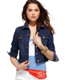 Add undeniable cool to your street gear with this cropped jacket from Tommy Girl! Sporting a dark wash and faded effect, this layer is the denim advocate for great, just kickin' it, style! Add undeniable cool to your street gear with this cropped jacket from Tommy Girl! Sporting a dark wash and faded effect, this layer is the denim advocate for great, just kickin' it, style!