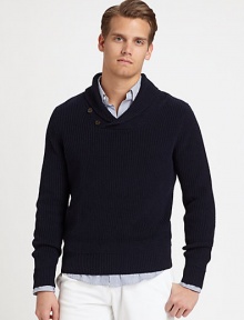 This sumptuous, soft cotton blend sweater has rugged appeal and is sure to be layering favorite during the seasonal changes.Shawl collarbullet text here 54% linen/46% cottonDry cleanImported
