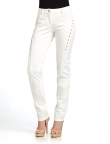THE LOOKNarrow waistband with belt loops and logo button closureFront zipperFive-pocket styleStraight-leg silhouetteAsymmetrical seaming with golden hook-and-eye detailsTHE FITRise, about 7½Inseam, about 35THE MATERIAL98% cotton/2% elastaneCARE & ORIGINDry cleanMade in Italy THE LOOKNarrow waistband with belt loops and logo button closureFront zipperFive-pocket styleStraight-leg silhouetteAsymmetrical seaming with golden hook-and-eye detailsTHE FITRise, about 7½Inseam, about 35THE MATERIAL98% cotton/2% elastaneCARE & ORIGINDry cleanMade in Italy