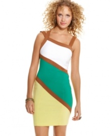 Asymmetrical blocks of varying hues add serious color punch to a dress of bold design! From XOXO. Asymmetrical blocks of varying hues add serious color punch to a dress of bold design! From XOXO.