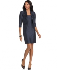 Tahari by ASL outfitted this dress and jacket with a luxurious shantung texture and tailored fit. The ruffled collar of the jacket adds a sophisticated touch. Tahari by ASL outfitted this dress and jacket with a luxurious shantung texture and tailored fit. The ruffled collar of the jacket adds a sophisticated touch.