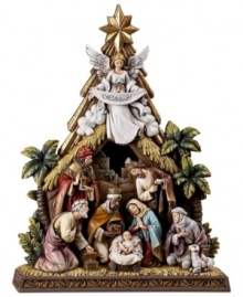As a brilliant star shines from above and a glorious angel shouts hallelujah, baby Jesus captivates an adoring audience. A muted landscape and humble stable create the perfect scene for Mary, Joseph and the three kings to kneel before the newborn babe. As a brilliant star shines from above and a glorious angel shouts hallelujah, baby Jesus captivates an adoring audience. A muted landscape and humble stable create the perfect scene for Mary, Joseph and the three kings to kneel before the newborn babe.